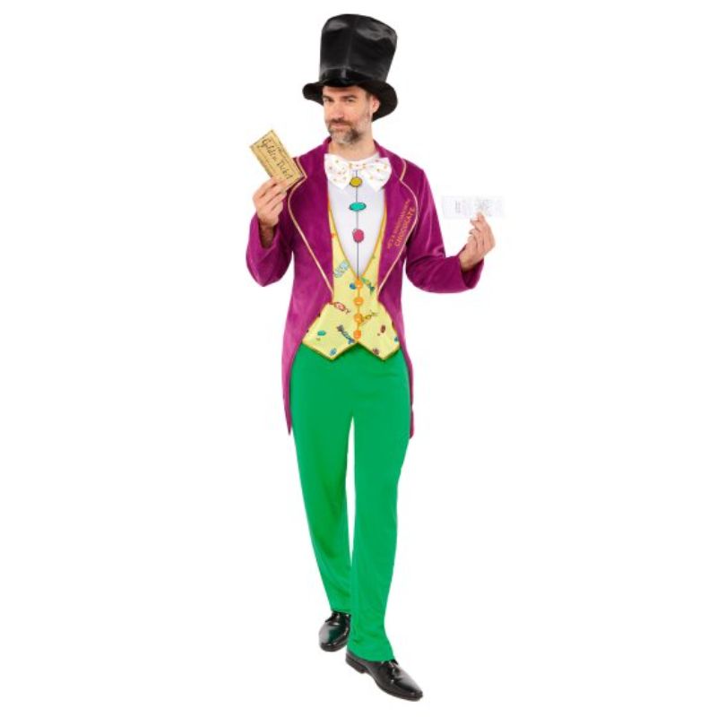 Willy Wonka costume for men featuring a mock jacket, trousers, top hat, golden ticket prop, and bookmark for a whimsical look.