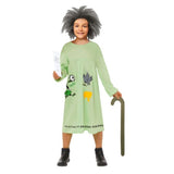 Colorful Mrs. Twit costume for girls, complete with dress, wig, felt frog, cane, and bookmark for imaginative play.