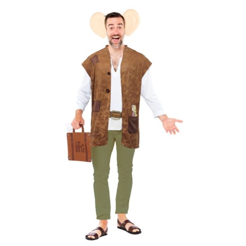 BFG Men's Costume featuring mock waistcoat, ear headband, accessory bag, and bookmark for magical adventures.