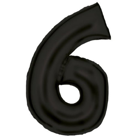 Large black foil balloon shaped like the number 6, 56cm wide by 92cm high, perfect for celebrations and photo backdrops.