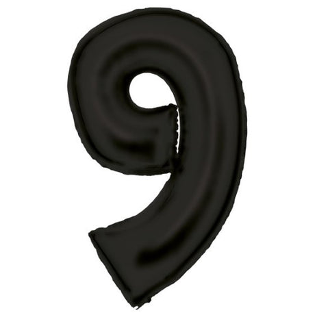 Large Number 9 Silk Lustre Black Foil Balloon, 57cm wide x 91cm high, perfect for celebrations and party decor.