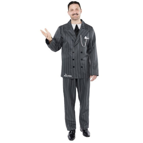 Gomez Addams Men's Medium Costume featuring a stylish jacket, trousers, tie, and iconic moustache for a spooky, fun look.