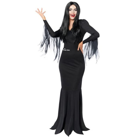 Morticia Addams women's costume featuring a sleek black dress, ideal for Halloween and themed events, sizes 8-10.