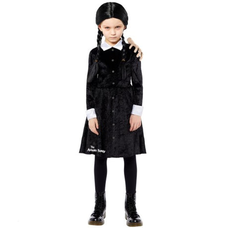 Girls' Wednesday Addams costume featuring a black dress, white collar, and wig with dark braids, perfect for Halloween or dress-up.