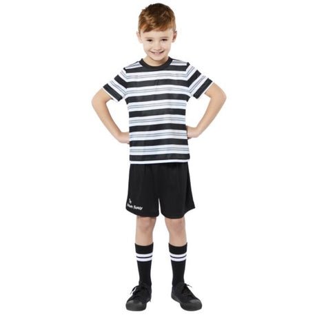 Boys' Pugsley Addams costume set with striped T-shirt, shorts, and socks for ages 3-4, perfect for Halloween fun.