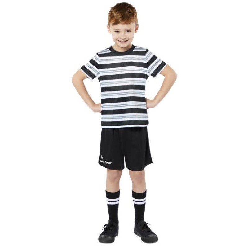 Costume for boys aged 4-6, featuring Pugsley's shirt, shorts, and socks for Halloween or dress-up fun.