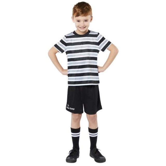 Boys' Pugsley Addams costume, featuring striped shirt, shorts, and socks for Halloween and imaginative play.