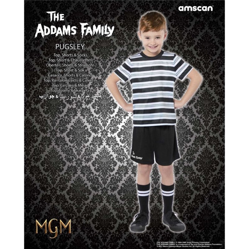 Boy's Pugsley Addams costume featuring a striped shirt, shorts, and matching socks for Halloween and themed parties.