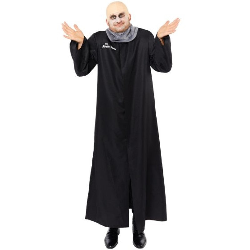 Men's Medium Addams Family costume featuring a long jacket and bald cap to embody Uncle Fester's quirky charm.