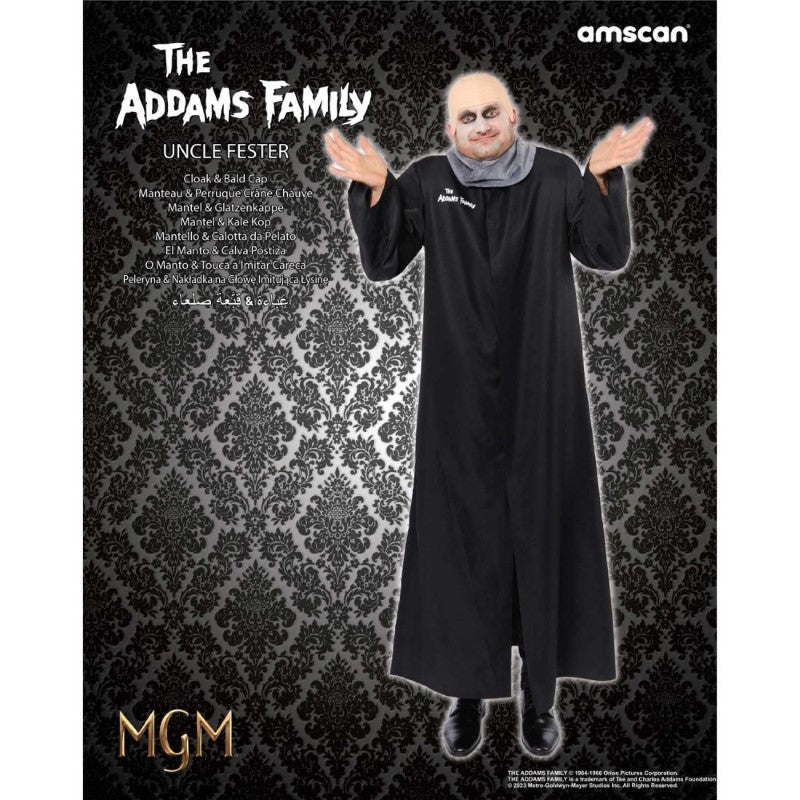 Men's Medium Addams Family Uncle Fester costume featuring a long jacket and bald cap for Halloween and themed events.