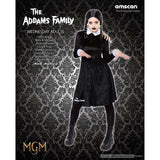 Costume featuring a black dress with ruffled collar and matching wig, capturing Wednesday Addams' iconic eerie elegance.