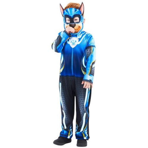 Glow-in-the-dark Paw Patrol costume for kids 3-4 years, featuring Chase design and easy-to-wear mask for adventurous play.