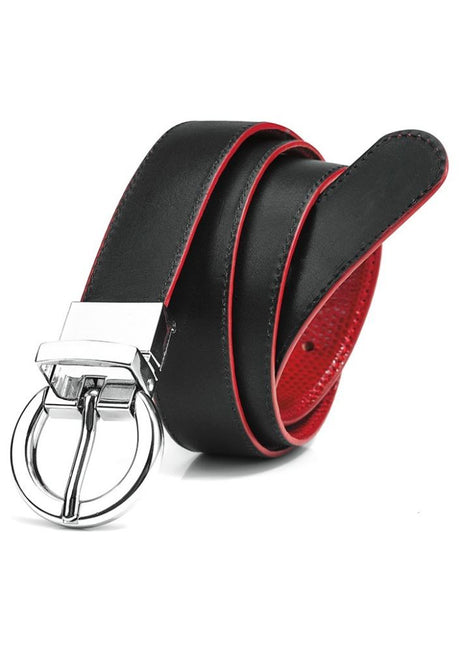 Ladies leather reversible belt in black, featuring a chic black side and trendy red snake skin pattern for versatile styling.
