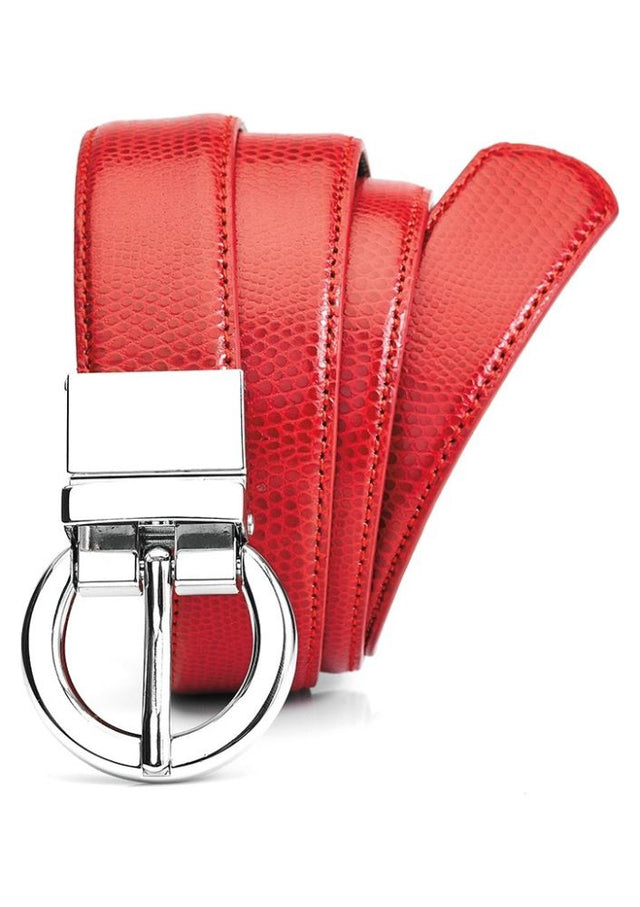 Ladies leather reversible belt in red with snake skin finish, featuring a classic black side, ideal for versatile styling.