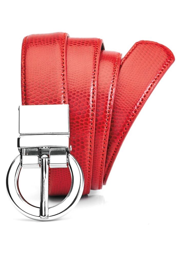 Red ladies leather reversible belt with snake skin finish, adjustable for style and versatility, perfect for any occasion.