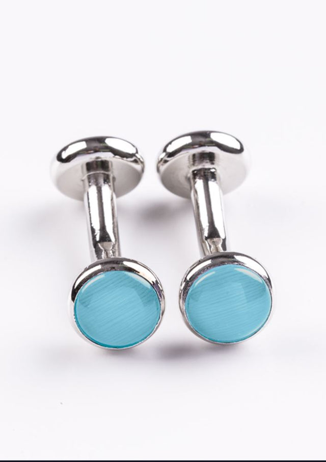 Unisex Alaskan Blue cufflinks with plated copper design and gemstones, perfect for elevating formal outfits.