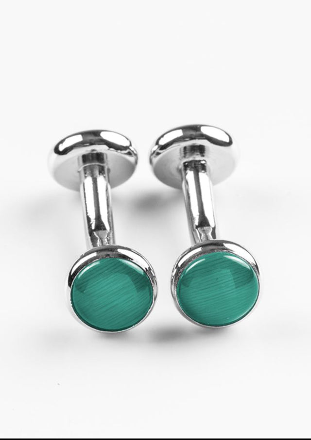 Unisex cufflinks in vibrant Dynasty Green, featuring plated copper and gemstone accents for elegant formal wear.