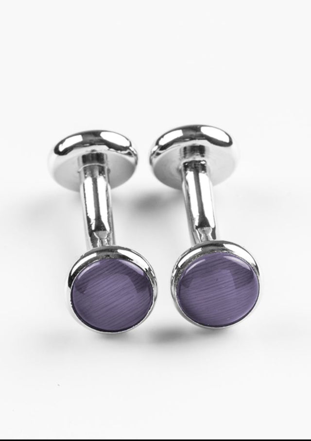 Stylish unisex cufflinks in purple with plated copper and gemstone, perfect for formal and office attire.