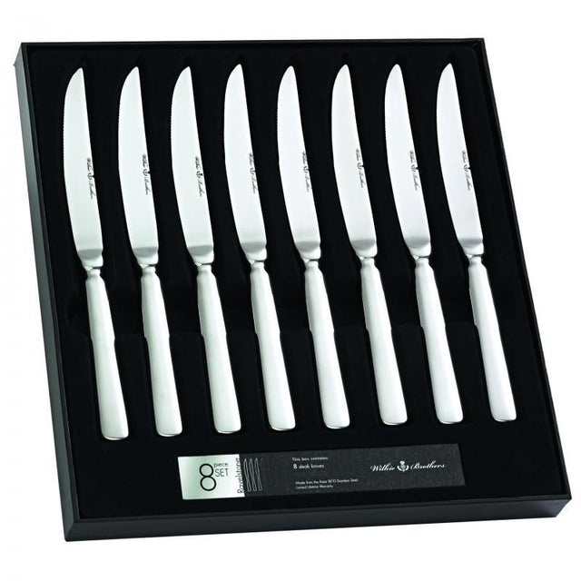 Elegant Wilkie Brothers 8-piece Ravelstone steak knife set in gift box, featuring premium stainless steel and ergonomic handles.