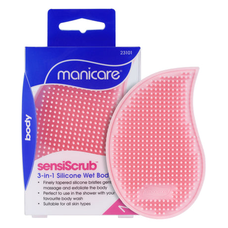 Manicare SensiScrub™ 3 in 1 Wet Body Brush with soft silicone bristles for cleansing, exfoliating, and massaging the skin.