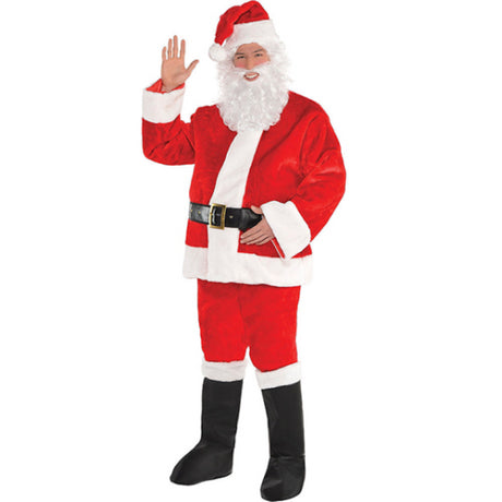 Men's plush Santa suit in L/XL with jacket, trousers, belt, hat, wig, beard, and boot tops for festive celebrations.