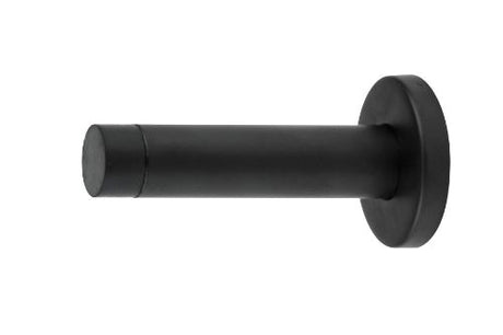 Chunky 75mm black powder coated door stop made of stainless steel, stylishly holds doors open while preventing wall damage.