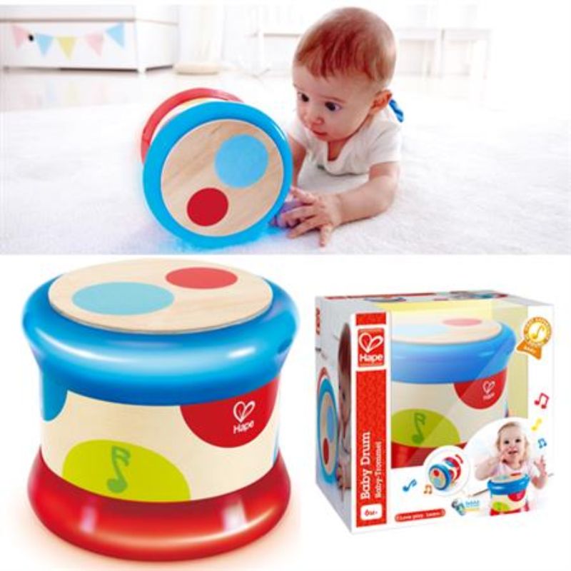 Colorful Hape Baby Drum for infants 6 months+, enhances musical skills and creativity while promoting motor development.