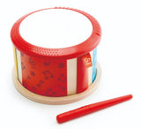 Hape Double-Sided Drum: A colorful toddler drum promoting creativity with two playing surfaces for rhythmic exploration.