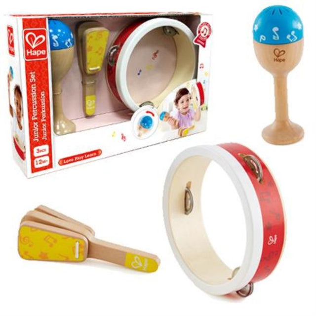 Colorful Hape Junior Percussion Set including a tambourine, maraca, and clapper for toddlers aged 12 months and up.