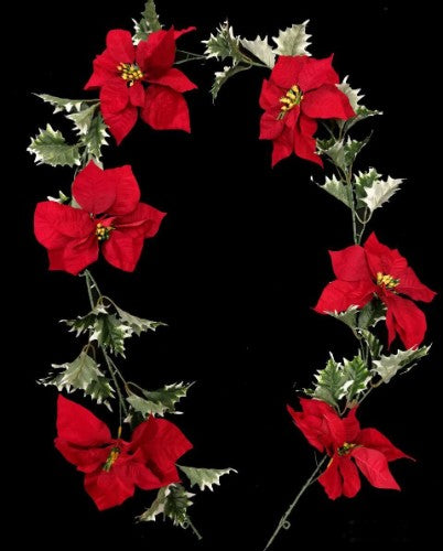 Vibrant artificial red poinsettia garland with holly leaves, 1.8m long, perfect for festive decor and year-round elegance.