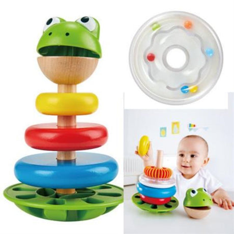 Colorful stacking rings toy with Mr. Frog, promoting fine motor skills and interactive learning for toddlers aged 12 months and up.