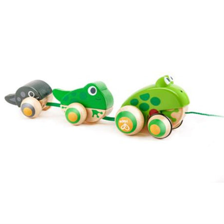 Brightly colored wooden pull-along toy featuring a frog family, promoting play and developmental skills for toddlers.