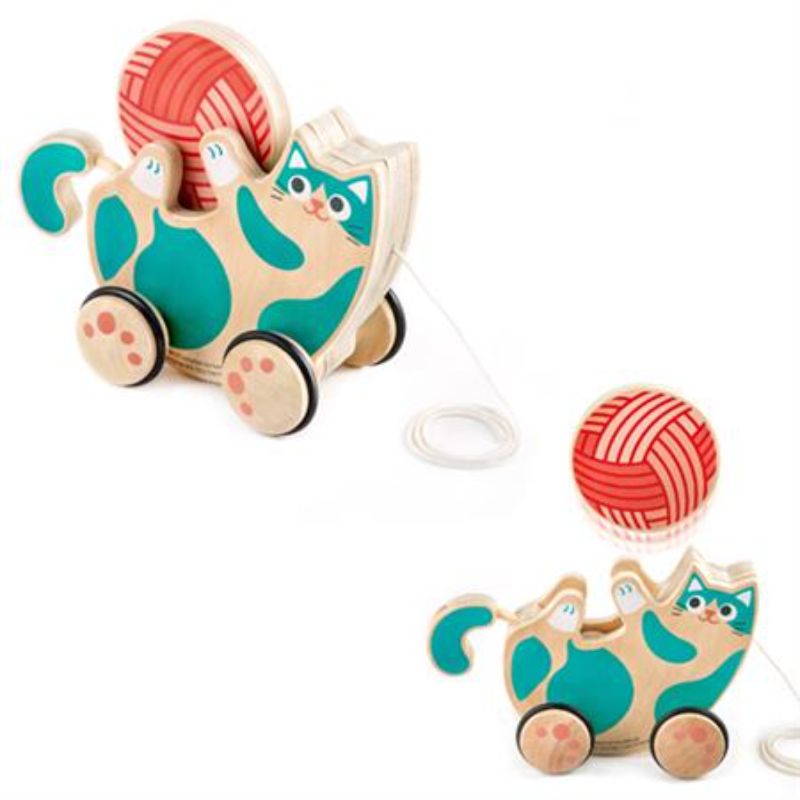 Colorful wooden kitten toy that rolls and rattles, promoting crawling and sensory play for infants and toddlers.