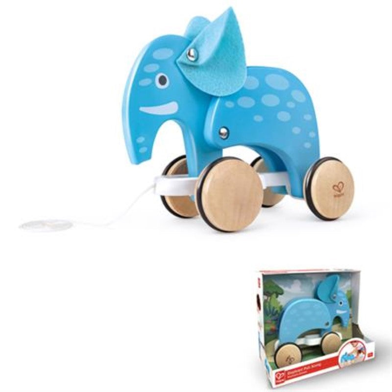 Bright wooden pull-along elephant toy for toddlers, promoting walking skills and motor development with moving bobbing features.