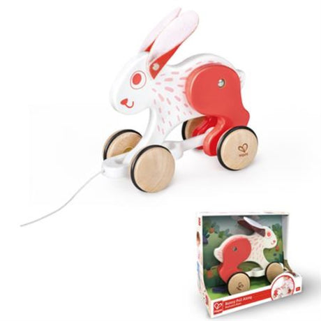 Colorful wooden Pull Along Bunny by Hape, designed for toddlers to enhance walking skills and fine motor development.