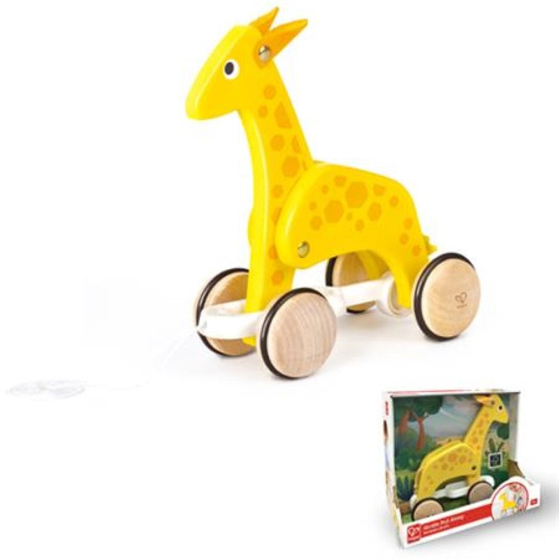 Colorful wooden giraffe pull toy for toddlers, promoting walking skills and fine motor development with bouncing head and feet.