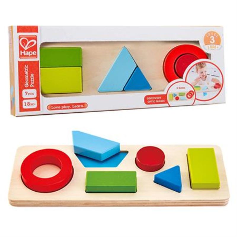 Colorful Hape Geometry Puzzle for children 18 months+, featuring two challenges for shape recognition and cognitive skill development.