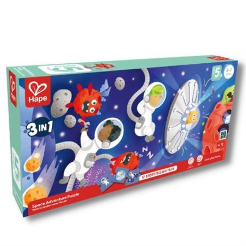 Three interlocking space-themed puzzles and story tiles for imaginative play, fostering creativity and motor skills in children.