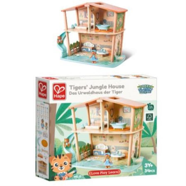 Eco-friendly Jungle House Playset with tiger family, pond, and slide for fun, imaginative, and educational play about sustainability.