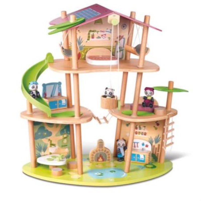 Bamboo House Playset featuring Pam and pandas with a slide and elevator, promoting eco-friendly play and sustainability education.