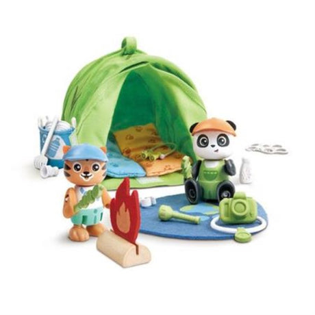 Children's eco-friendly camping playset featuring a tent, sleeping bags, cooking utensils, and cleaning tools for imaginative outdoor play.