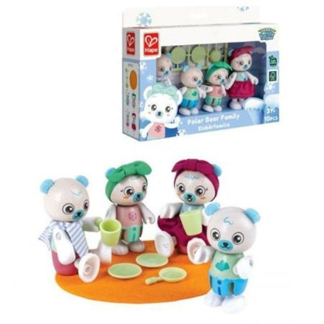 Wooden Polar Bear Family set featuring a mother and two cubs, promoting wildlife education and environmental awareness for kids.