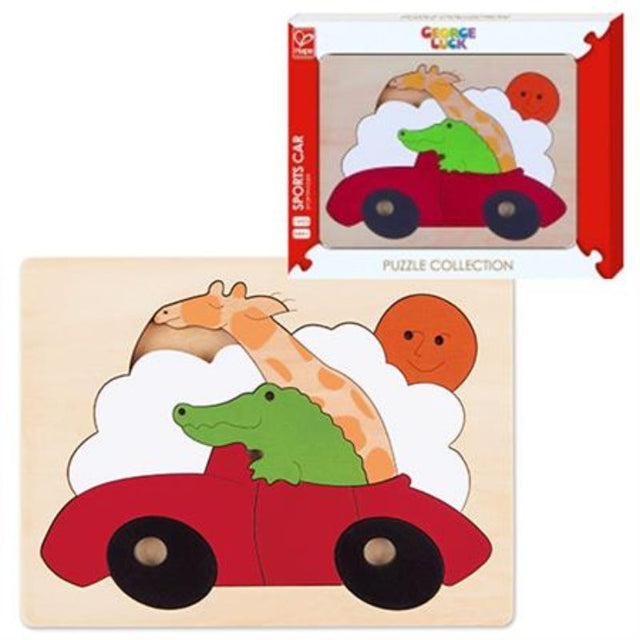 Colorful wooden Hape Sports Car toy designed for imaginative play and motor skill development in children aged 24 months and up.