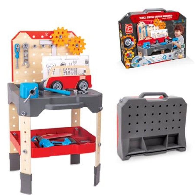 Children's Multi Function Workbench by Hape with real tools, promoting creativity and engineering skills in a compact design.