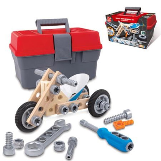 Hape Motorbike Set: A wooden construction toy for kids to build turning-wheel motorbikes, fostering creativity and fine motor skills.