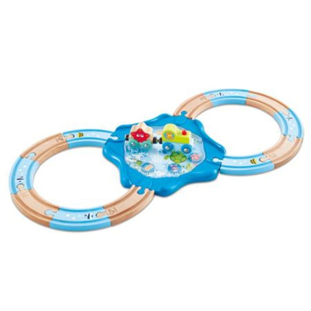 Vibrant wooden Hape Undersea Figure 8 railway set designed for toddlers, featuring colorful ocean creatures and a compact design.