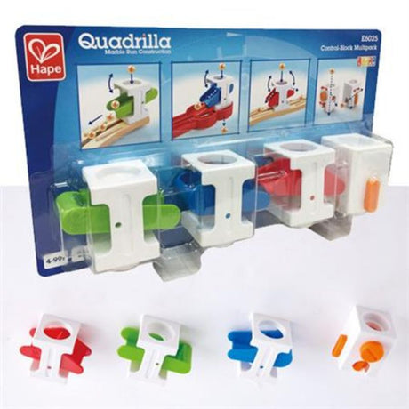 Four-block Hape Control-Block set with adjustable distributor and three unique see-saw designs for creative marble run play.