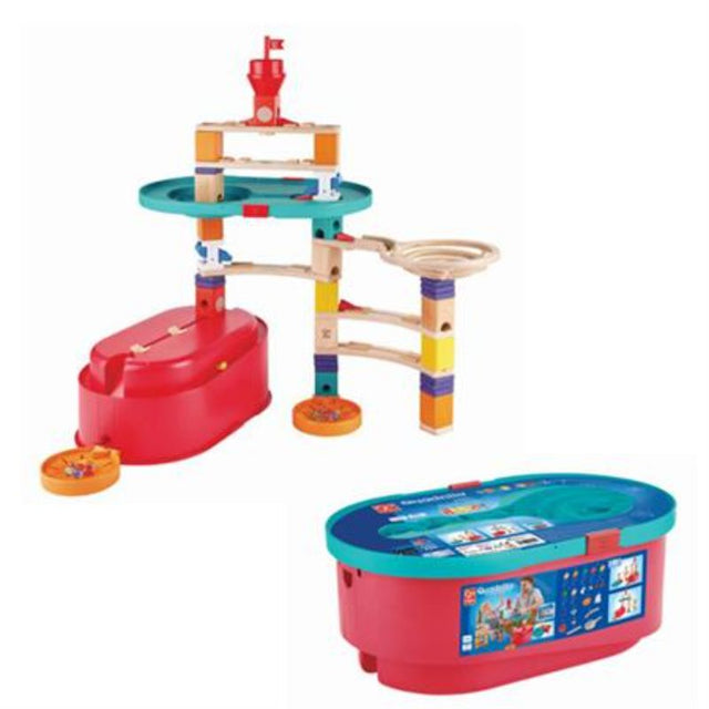 Colorful 90-piece marble run set with storage bucket, including tracks, accelerators, and marbles for creative STEM play.