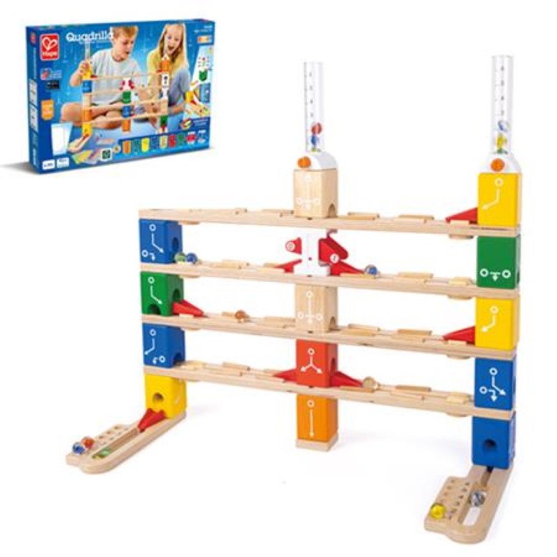 A colorful marble run set for kids, teaching coding basics through creative tower and track building, enhancing STEM skills.