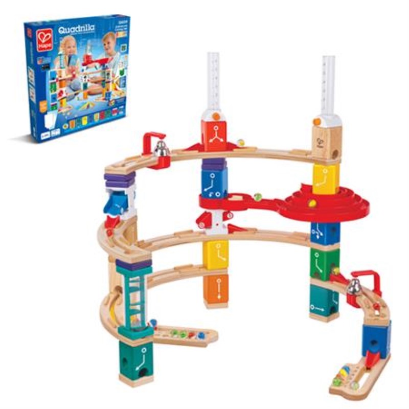 Colorful Hape Quadrilla marble run set for kids, promoting STEM learning through coding and hands-on engineering play.